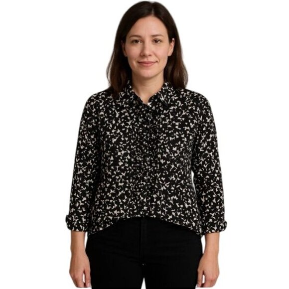 New York & Co Size XL Stretch Black & White Floral Button-Up Shirt Blouse - Picture 4 of 11